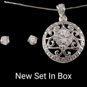 Sterling Clear CZ Round Openwork Pendant Necklace & Stud Earrings Set - Ne…